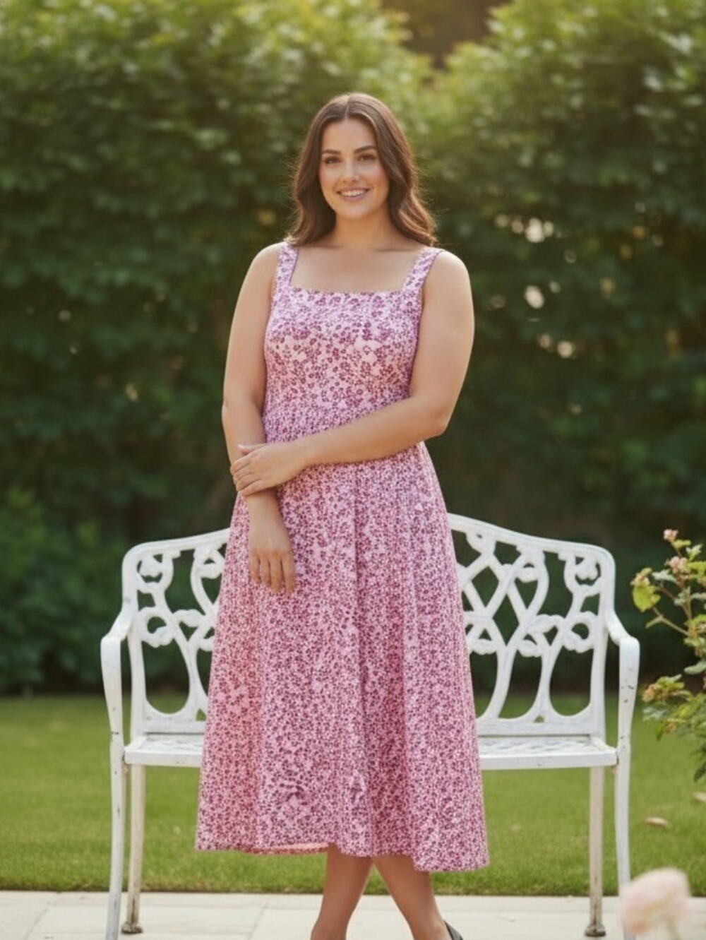 Beautiful Sleeveless Satin- Like Pink Floral Square-Neck Midi Dress
